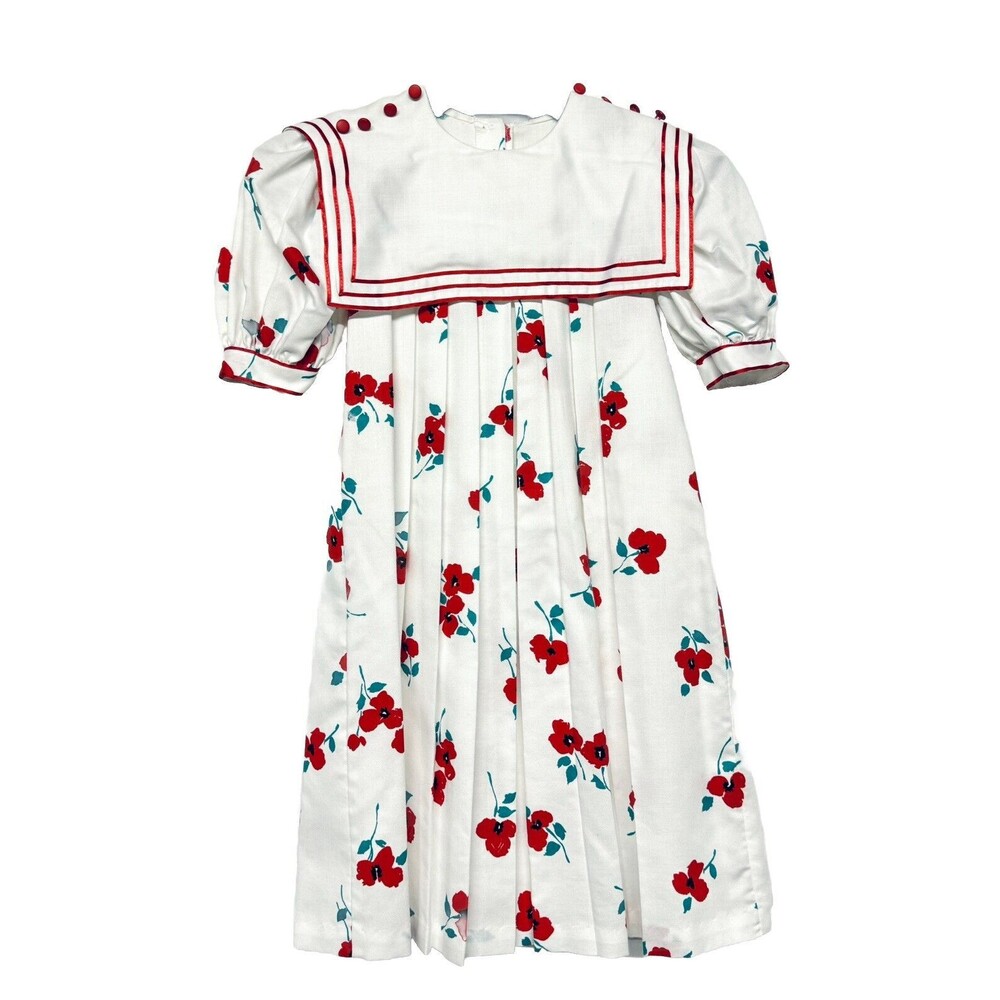 Vintage Sarah Kent Girl’s Size 6X White Dress w Red Poppy Flower Design USA
